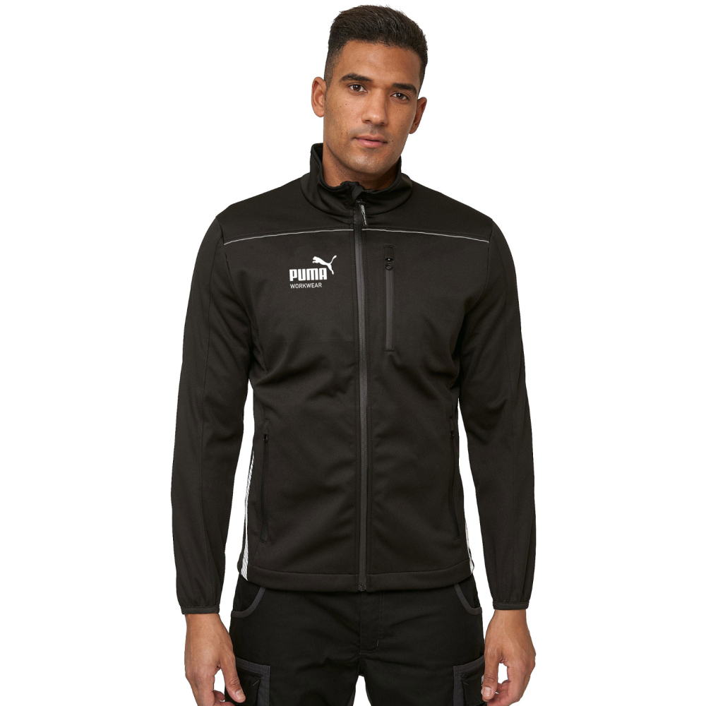 detail PUMA Workwear Essentials černá pánská pracovní softshell bunda