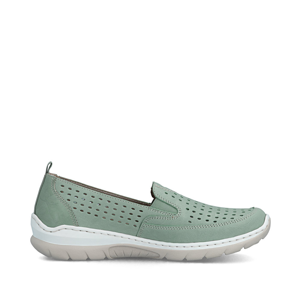 detail RIEKER L32F4-52 zelené dámské kožené letní mokasíny, antistress podrážka