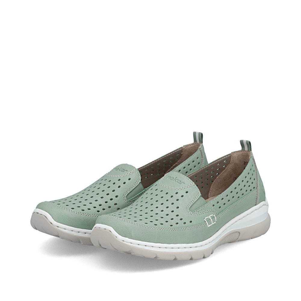 detail RIEKER L32F4-52 zelené dámské kožené letní mokasíny, antistress podrážka