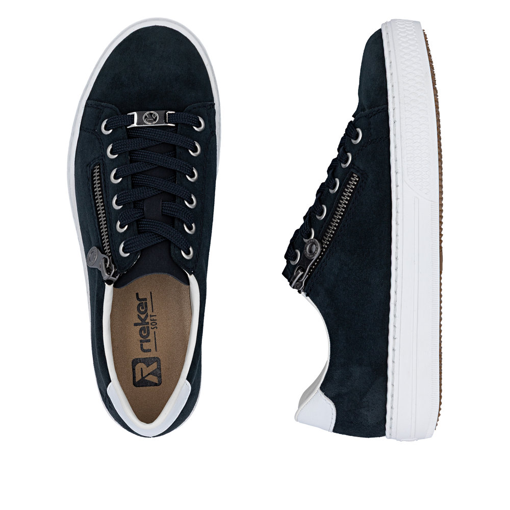 detail RIEKER L59L1-15 modré dámské kožené tenisky, moderní vzhled, pohodlné