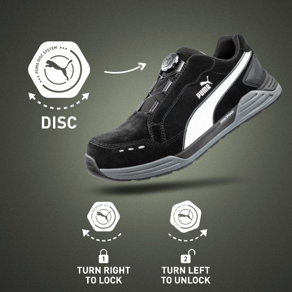 detail PUMA Airtwist low S3 černá pánská pracovní obuv + rychlozavazovací systém DISC
